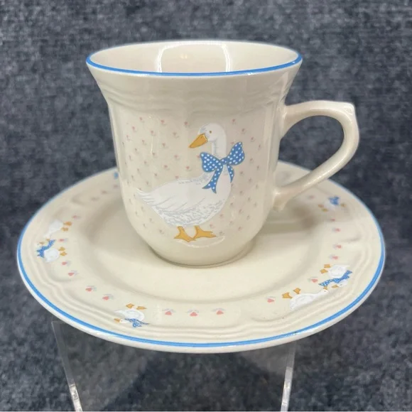 Aunt Rhody Blue Bow Country Goose Cup & Saucer Set of 3 Tienshan Stoneware - Picture 3 of 11
